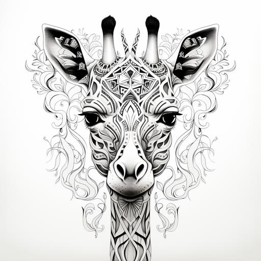animal, mandala giraffe, thivk lines, black and white, no shading, 9:11