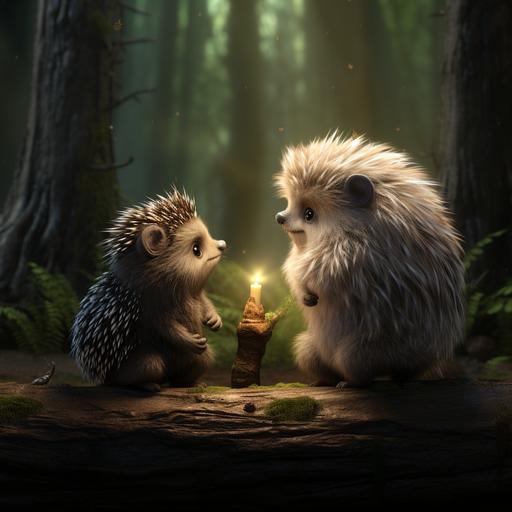 baby porcupine and wise owl talking in a forest