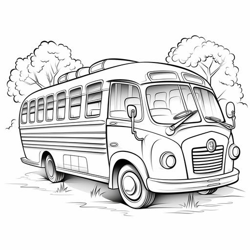 childrens coloring page, cartoon bus car, thick lines, no shading