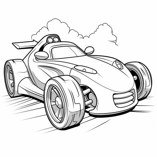 childrens coloring page, cartoon race car, thick lines, no shading, ar 8.5:11