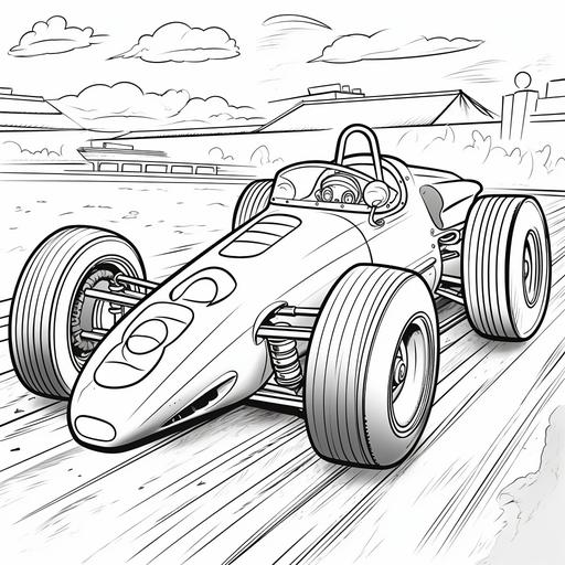 childrens coloring page, cartoon race car, thick lines, no shading, ar 9:11