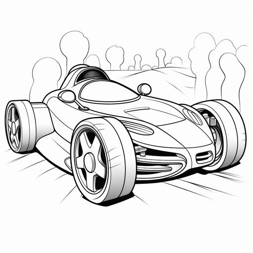 childrens coloring page, cartoon race car, thick lines, no shading, ar 8.5:11