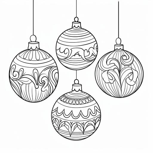 christmas ornaments, cartoon style, black and white, white background, colouring book, no shadding, thick black lines