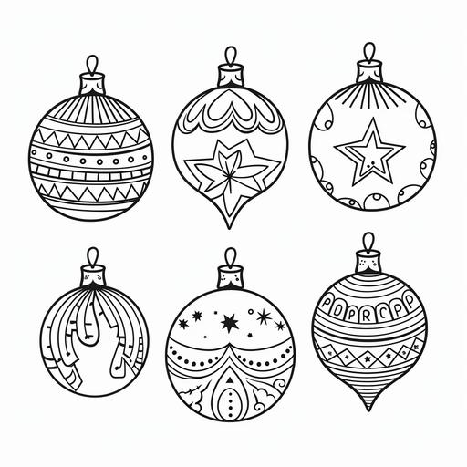 christmas ornaments, cartoon style, black and white, white background, colouring book, no shadding, thick black lines