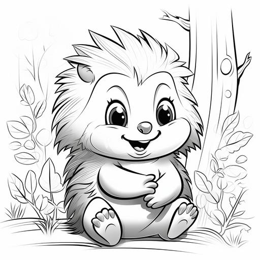 coloring page for kids, cute porcupine, cartoon style, thick lines, low detail, no shading