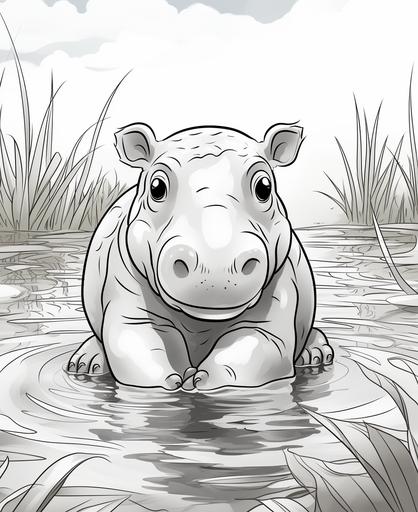 colouring page for kids, baby hippo, cartoon style, thick lines, low detail, no shading --ar 9:11