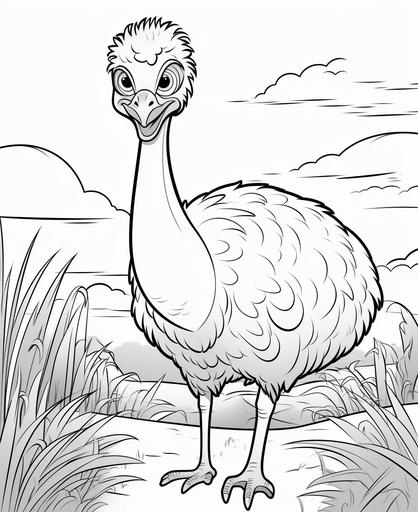 colouring page for kids, baby ostrich, cartoon style, thick lines, low detail, no shading --ar 9:11