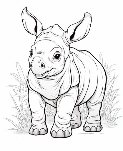 colouring page for kids, baby rhino, cartoon style, thick lines, low detail, no shading --ar 9:11