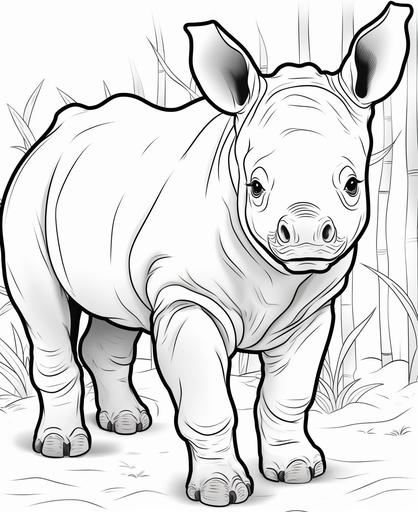 colouring page for kids, baby rhino, cartoon style, thick lines, low detail, no shading --ar 9:11