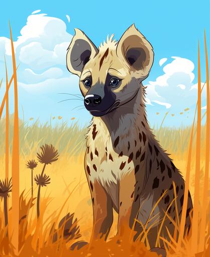 hyena in the tall grass, cartoon style, kids story, --ar 9:11