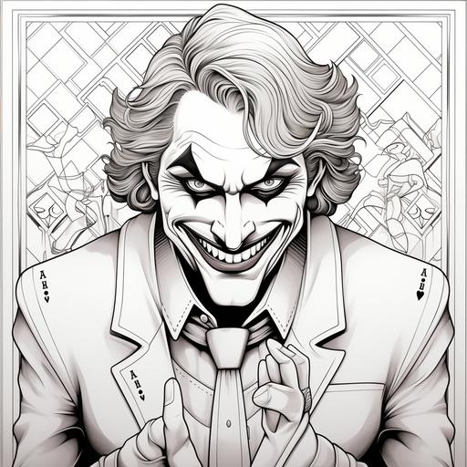 joker, black and white, cartoon style, colouring book, no shading, thick lines, 9:11