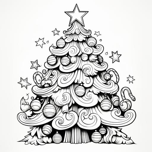 thick lines,colouring book, black and white, no shadding, christmas tree, cartoon style