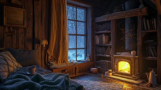 Inside the wooden hut, window, winter, old mattress, night time, blue gold color, fireplace, old bookcase, A cup of hot coffee is placed on the table, realistic ultra detailed, Canon EOS-1D X MARK II, 4K, Beautiful Lighting, high resolution, intricate details --ar 16:9 --v 6.0