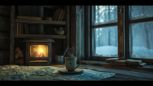 Inside the wooden hut, window, winter, old mattress, night time, blue gold color, fireplace, old bookcase, A cup of hot coffee is placed on the table, realistic ultra detailed, Canon EOS-1D X MARK II, 4K, Beautiful Lighting, high resolution, intricate details --ar 16:9 --v 6.0