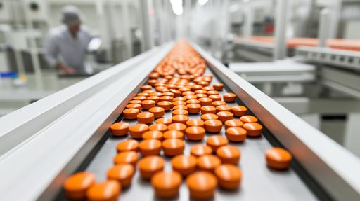 commercial photo of round bright orange pills on a conveyer belt at a brightly lit research lab with white walls --ar 16:9 --v 6.0