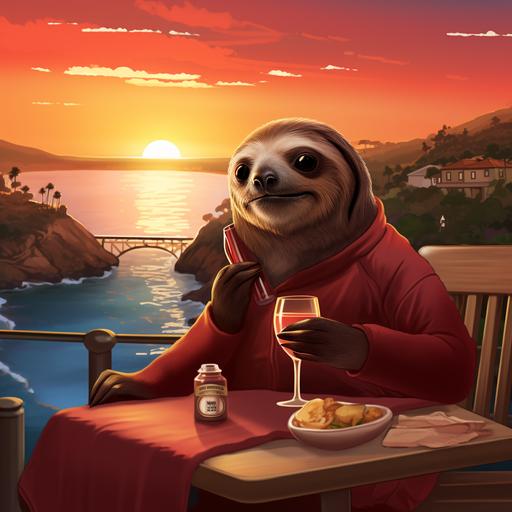 An anime sloth wearing a cardinal red color jersey is drinking napa valley wine in front of sunset La Jolla cove