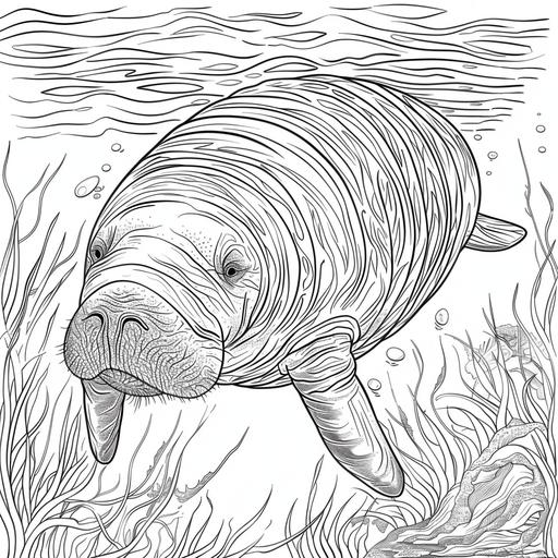 coloring page for adults, Calm manatee swimming in crystal-clear waters, cartoon style, thick line, low detailm no shading