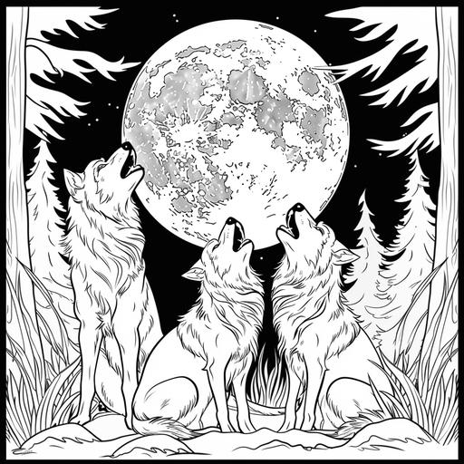coloring page for adults, Calm wolves howling at the moon, cartoon style, thick line, low detailm no shading