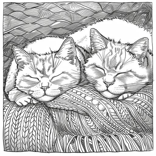 coloring page for adults, Gentle cats curled up in cozy blankets, cartoon style, thick line, low detailm no shading
