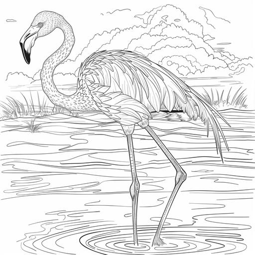 coloring page for adults, Graceful flamingo wading in shallow waters, cartoon style, thick line, low detailm no shadin