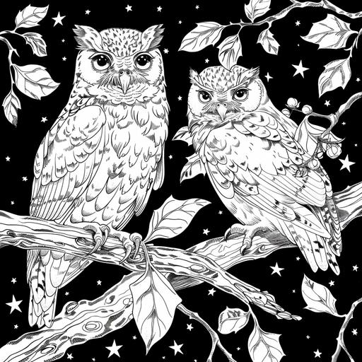 coloring page for adults, Majestic owls perched on branches under a starry night sky, cartoon style, low detailm no shading