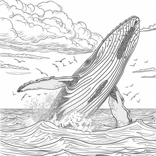 coloring page for adults, Majestic whale breaching the surface of the ocean, cartoon style, thick line, low detailm no shading