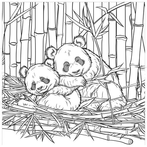 coloring page for adults, Peaceful pandas lounging among bamboo stalks., cartoon style, thick line, low detailm no shading
