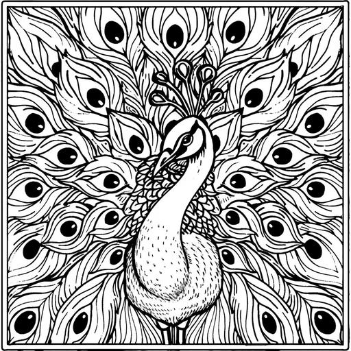 coloring page for adults, Peaceful peacock displaying their vibrant feathers, cartoon style, thick line, low detailm no shading