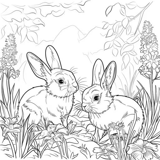 coloring page for adults, Peaceful rabbits nibbling on grass in a garden, cartoon style, thick line, low detailm no shading