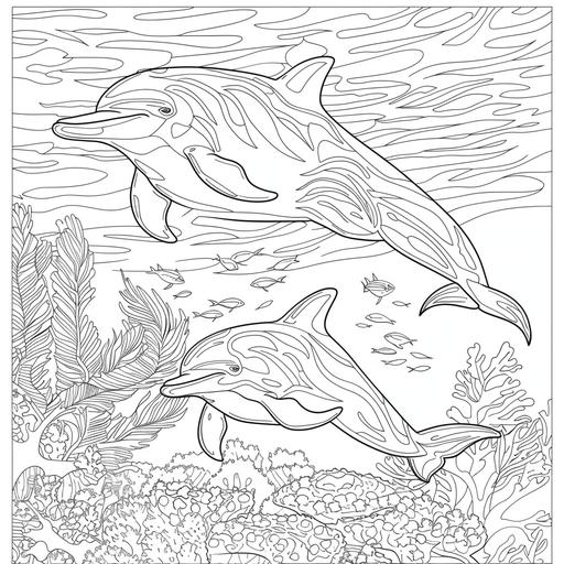 coloring page for adults, Serene dolphins gracefully swimming in the ocean, cartoon style, thick line, low detailm no shading