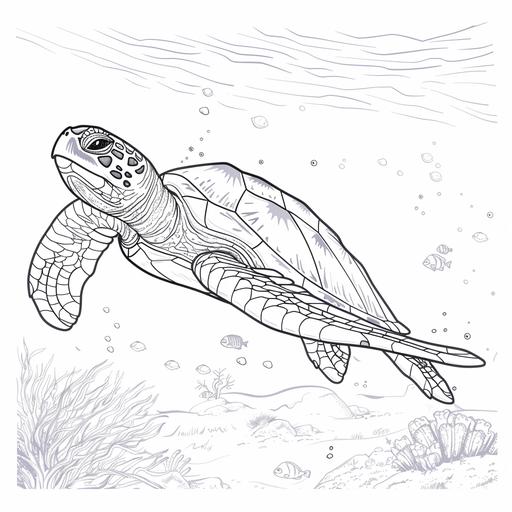 coloring page for adults, Soothing sea turtle gliding through the ocean, cartoon style, thick line, low detailm no shadin