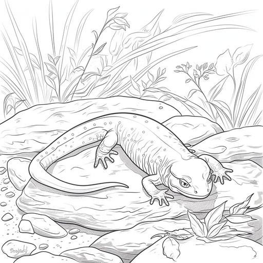 coloring page for adults, Tranquil salamander basking on sunlit rocks, cartoon style, thick line, low detailm no shading