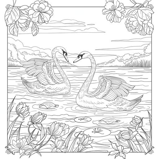 coloring page for adults, Tranquil swans gliding on a serene lake, cartoon style, thick line, low detailm no shading