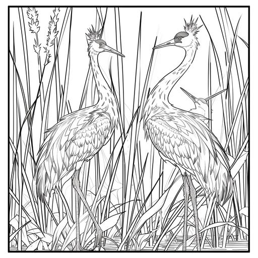coloring page for adults, Zen-like cranes standing amidst tall grass, cartoon style, thick line, low detailm no shading