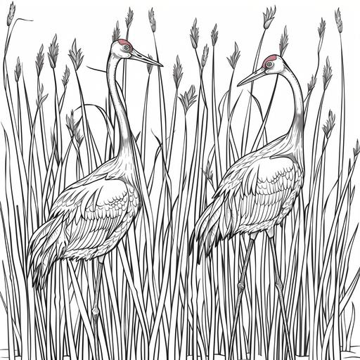 coloring page for adults, Zen-like cranes standing amidst tall grass, cartoon style, thick line, low detailm no shading