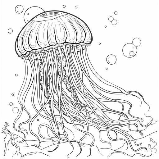 coloring page for adults, Zen-like jellyfish drifting gracefully in the ocean currents, cartoon style, thick line, low detailm no shading