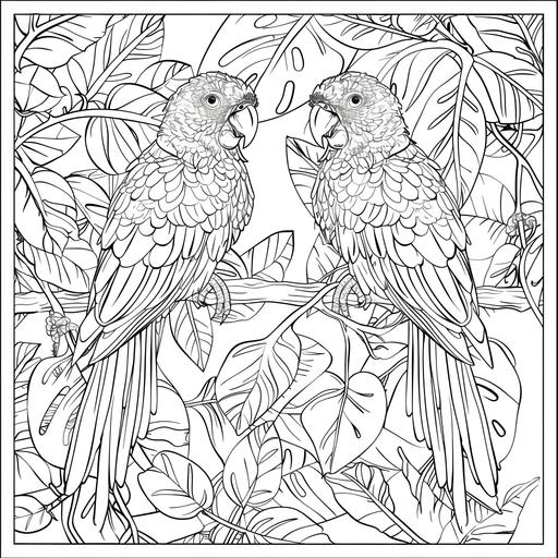 coloring page for adults, Zen-like jungle setting with two colorful parrots perched on branches, thick line, low detailm no shading