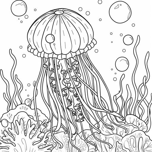 coloring page for adults, a jellyfish with Majestic coral reef , cartoon style, thick line, low detail with no shading no fill