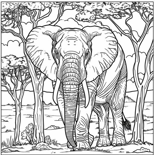 coloring page for adults, an African elephant stand in front surrounded with trees, cartoon style, thick line, low detail with no shading no fill