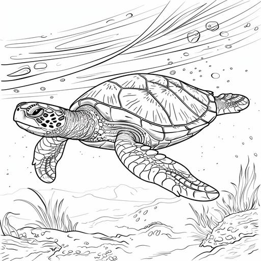 coloring page for adults, sea turtle gliding through the ocean, cartoon style, thick line, low detailm no shadin