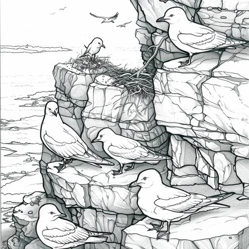 coloring page for adults, seagulls nesting on rocky crevices in coastal cliff, thick line, low detailm no shading