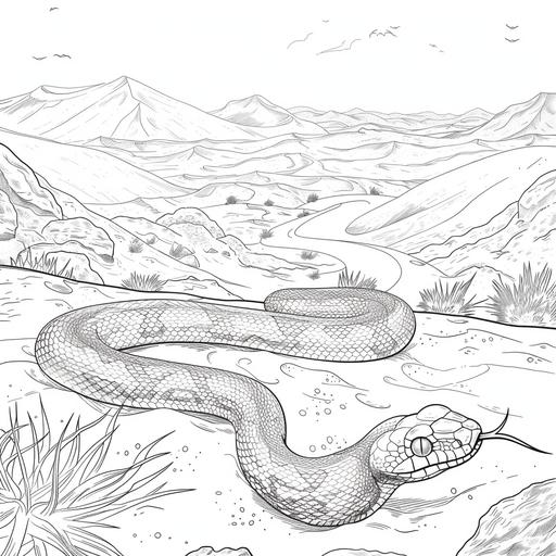 coloring page for adults, snake slithering with Graceful desert dunes , thick line, low detailm no shading