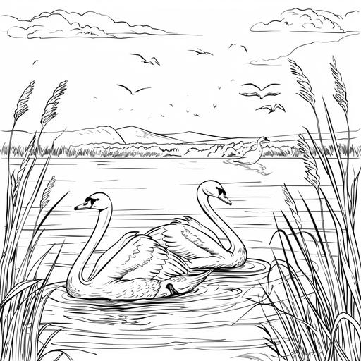 coloring page for kids, Tranquil swans gliding on a serene lake, cartoon style, thick line, low detailm no shading