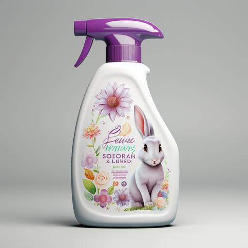Label for a laundry detergent bottle. Main Idea: A label featuring an image of a rabbit sitting sideways in a disney cartoon. Key Design Elements: Position: The rabbit is sitting sideways, refer to the provided image for reference. Background: fantasy flowers Logo and Product Name: The product name should be clearly visible and easily readable. The brand logo should be placed at the top of the label or in another prominent position. Product Information: Include a brief product description or its main benefits. Use a font that's easy to read. Ingredients and Usage Instructions: List of ingredients provided by the client. Clear and comprehensible usage instructions. Miscellaneous: Ensure the label complies with safety standards and eco-packaging indications (if applicable). Stylistics: The label should look fresh, eco-friendly, and nature-friendly. Use a soft and muted color palette.