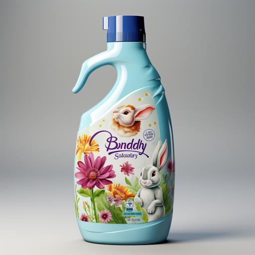 Label for a laundry detergent bottle. Main Idea: A label featuring an image of a rabbit sitting sideways in a disney cartoon. Key Design Elements: Position: The rabbit is sitting sideways, refer to the provided image for reference. Background: fantasy flowers Logo and Product Name: The product name should be clearly visible and easily readable. The brand logo should be placed at the top of the label or in another prominent position. Product Information: Include a brief product description or its main benefits. Use a font that's easy to read. Ingredients and Usage Instructions: List of ingredients provided by the client. Clear and comprehensible usage instructions. Miscellaneous: Ensure the label complies with safety standards and eco-packaging indications (if applicable). Stylistics: The label should look fresh, eco-friendly, and nature-friendly. Use a soft and muted color palette.