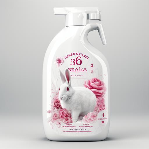 create label for white bottle of washing detergent for woman 20-30 years old - white rabbit with pink tail fluffy and gentle