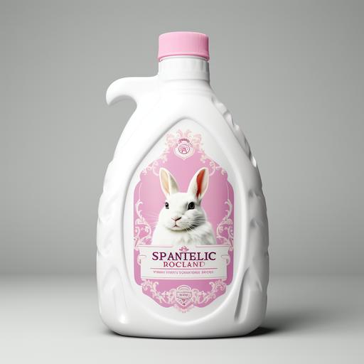 create label for white bottle of washing detergent for woman 20-30 years old - white rabbit with pink tail fluffy and gentle