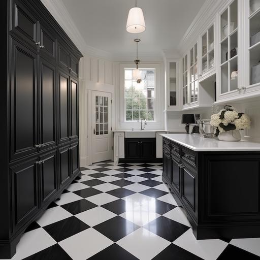 design inspiration. Laundry room. Craftmen, formal, traditional design style. black and white checker-board marble floor. Black cabinetry. Rift white oak cabinetry. Three pendant lights