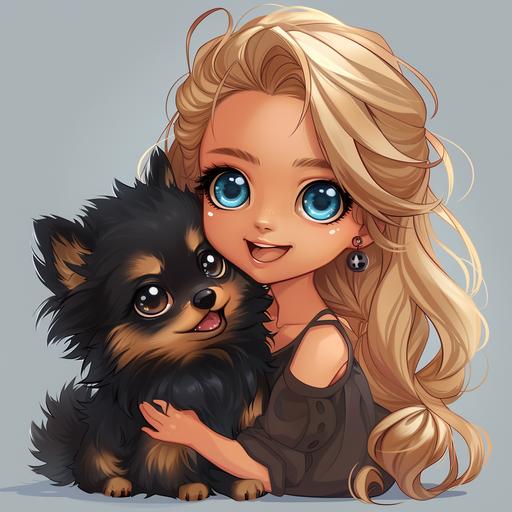 Dark blonde Girl, Blue Eyes, high ponytail, Little glamourös, with a black pomeranian sog., the dog has a beige Mouth, Chibi Style, cute, Full size --s 250