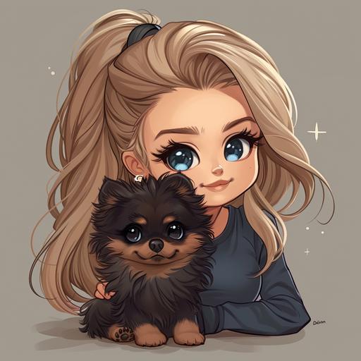 Dark blonde Girl, Blue Eyes, high ponytail, Little glamourös, with a black pomeranian sog., the dog has a beige Mouth, Chibi Style, cute, Full size --s 250 --v 6.0